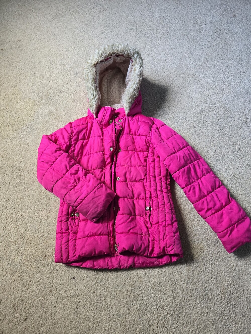 Old Navy Girls Hot Pink Hooded Puffer Jacket with Faux Fur Trim